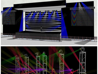 精品舞美背景设计舞台走秀T台灯光音响射灯SU模型